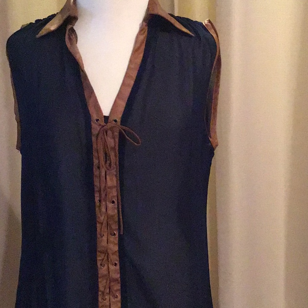Heaven Navy/tan, faux leather trimmed shirt